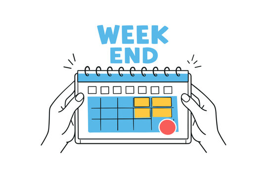 Hands holding calendar with weekend highlighted in blue and yellow