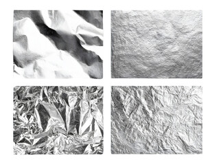 Obraz premium Four Silver Foil Textures Set on Transparent Black Background Featuring Crumpled and Wrinkled Metallic Surfaces in a Square Layout