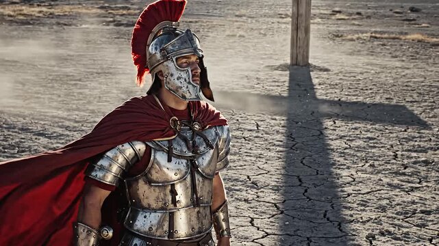 Roman Centurion Standing on Barren Ground with Symbolic Cross Shadow
