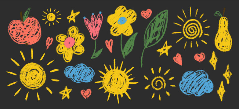 Naive kindergarten chalk and crayon drawings set with textured grunge scrapbook style. Hand drawn collection: suns, hearts, flowers, leaf, pear, apple, clouds and stars in playful childlike art.