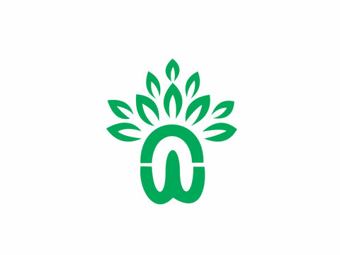 Minimalist green eco logo featuring a stylized lowercase A combined with symmetrical leaf shapes, symbolizing nature, growth, sustainability, and organic branding.