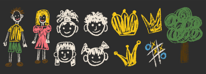 Obraz premium Naive kids chalk and crayon drawings set with textured grunge scrapbook style. Childlike kindergarten art showing children, faces, crowns, tree and playful symbols with rough chalkboard texture.