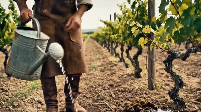 A person in a brown outfit waters a grapevine with a rusty metal watering can in a vineyard