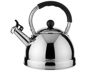 Shiny stainless steel kettle with black handle isolated on transparent background
