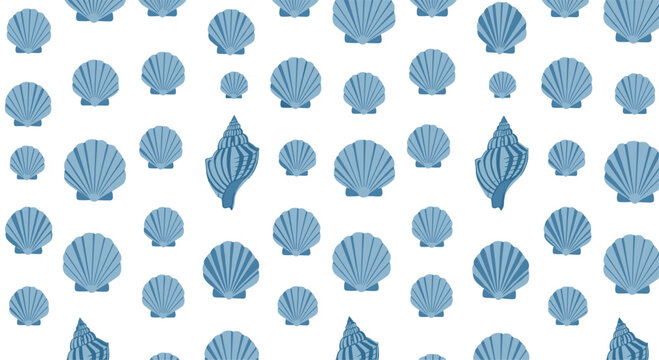 Seamless nautical pattern with light blue scallop shells and whelk shells creating a calming coastal background for textiles.
