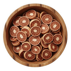 Dried orange slices in a wooden bowl isolated on transparent background