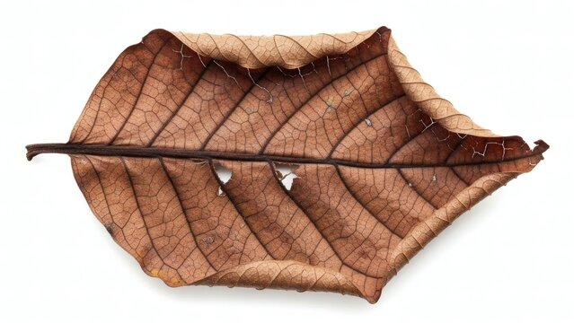 Close-up photograph of a dried, curled brown leaf with prominent veins against a white background