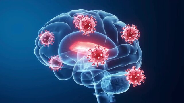 Virus near translucent human brain model, subtle glow highlighting encephalitis  area, scientific visualization, red medical tone, high resolution