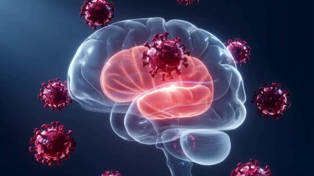 Virus near translucent human brain model, subtle glow highlighting encephalitis  area, scientific visualization, red medical tone, high resolution
