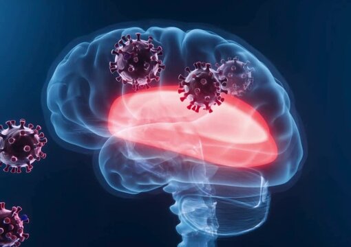 Virus near translucent human brain model, subtle glow highlighting encephalitis  area, scientific visualization, red medical tone, high resolution