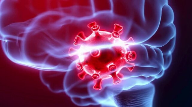Virus near translucent human brain model, subtle glow highlighting encephalitis  area, scientific visualization, red medical tone, high resolution