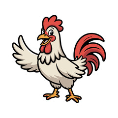 Fototapeta premium A cheerful cartoon rooster with a red comb and wattle waves hello.