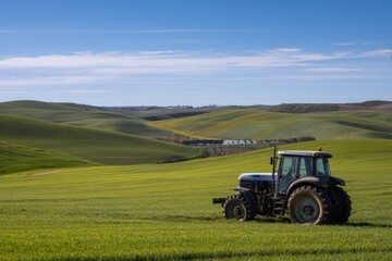 Fototapeta premium Wide Agricultural Landscape with Parked Tractor Amidst Various Tasks