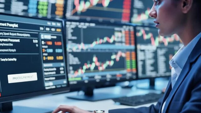 A man in a blue suit sits at a desk with multiple computer monitors displaying graphs and charts, typing on a keyboard