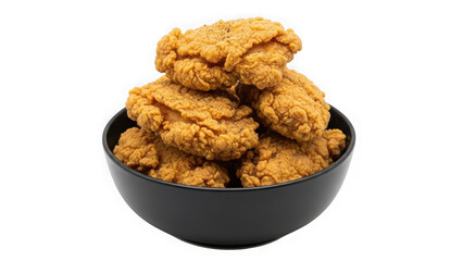 Delicious fried chicken pieces in a black bowl isolated on transparent background
