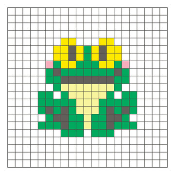 A flat pixel design made of geometric square color blocks on a clean grid layout. Pixel art frog