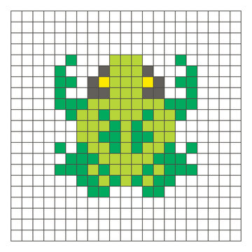 A flat pixel design made of geometric square color blocks on a clean grid layout. Pixel art frog