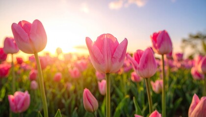 Obraz premium Vibrant Pink Tulip Field Bathed in Golden Sunlight, Capturing Springs Beauty and Serenity.