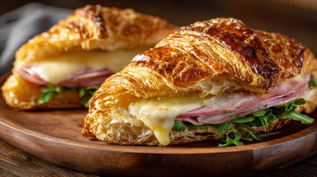 Flaky croissant sandwich with ham and melted cheese ready to be enjoyed for breakfast or lunch in a cozy setting