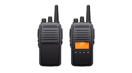 Two walkie-talkies. The devices feature antennas and buttons
