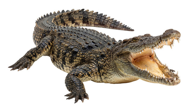 A close-up of a fearsome crocodile with its mouth wide open, displaying its sharp teeth