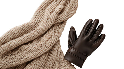Cozy winter scarf and leather gloves on transparent background