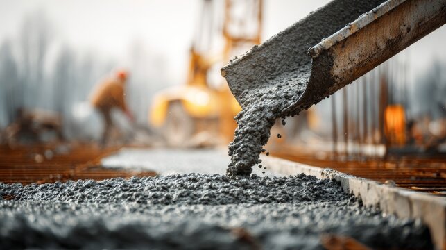 Fresh concrete is being poured and leveled at a construction site during daytime for a new building project