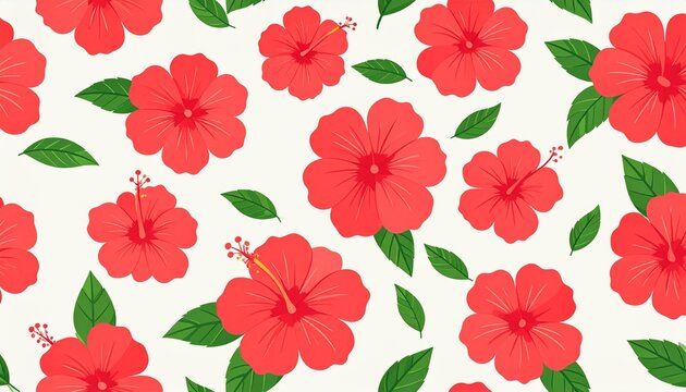 Vibrant Red Hibiscus Floral Pattern on White Background - Tropical Botanical Design.