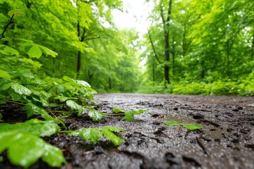 Fototapeta premium Forest Path After Rainfall Moments in a Lush Green Environment
