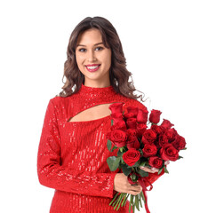 Happy young woman with bouquet of red rose flowers on white background