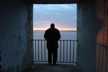 Fototapeta premium Lighthouse Keeper Standing on Balcony at Sunrise Overlooked by Sky and Water