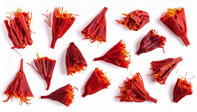 Vibrant Red Saffron Crocus Flowers Isolated on a Clean White Background.
