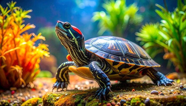 Vibrant Red-Eared Slider Turtle in a Lush Underwater Habitat, Aquatic Life.