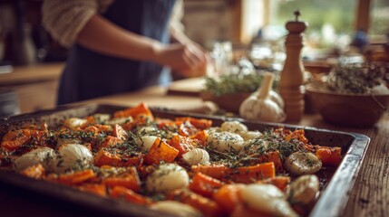 Golden roasted vegetables just out of the oven with fresh herbs and spices on the kitchen counter at home during the day
