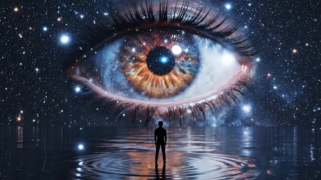 Silhouette Standing Before Cosmic Nebula Eye in Starry Sky
