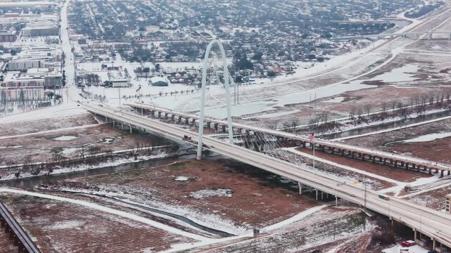 Aerial of Dallas Bridge and Trinity River during Winter