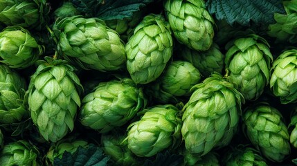Obraz premium Green hop cones fill frame forming a textured pattern showing fresh hops ready for brewing or baking