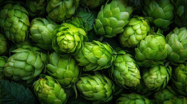 Fresh green hop cones ready for brewing beer and baking bread in a vibrant textured pattern