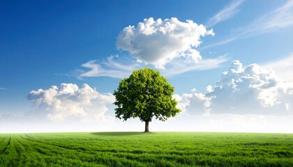 Obraz premium Vibrant solitary tree stands tall in a lush green field under a bright blue sky with fluffy white clouds.