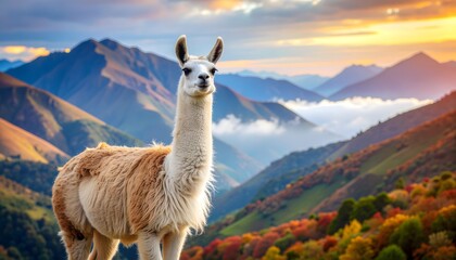 Obraz premium Llama standing on scenic mountain ridge with autumn foliage and glowing sky during sunrise.