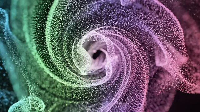 A swirling, iridescent vortex with a dark center, crafted from tiny, glowing particles in shades of green, purple, and pink