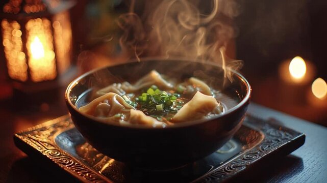 Steaming Bowl of Noodle Soup on Ornate Tray with Soft Lighting