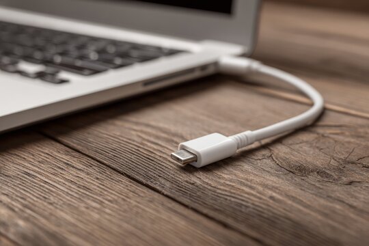 Close-Up of Laptop Power Cable Unplugged on Wooden Desk in Professional Setting