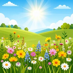 Fototapeta premium Vibrant Spring Meadow - A Colorful Landscape of Flowers Under a Sunny Sky, Natures Beauty.