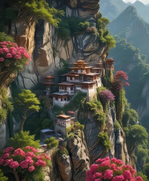 Tiger's Nest monastery on cliffside amidst lush greenery and rhododendron trees, tiger's nest monaster,  sacred site,  buddhist temple