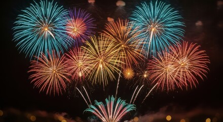 Fototapeta premium Colorful Fireworks Exploding Night Sky Celebration