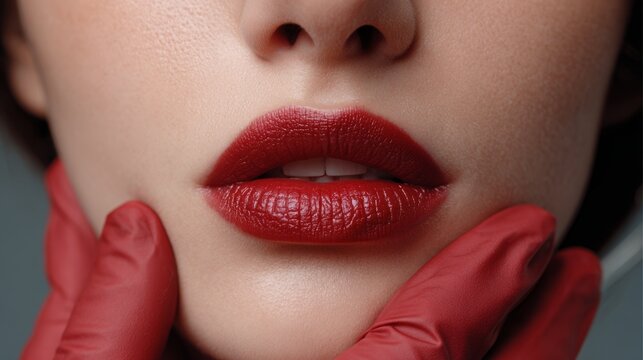 Lip micropigmentation procedure being performed on young woman in beauty salon setting