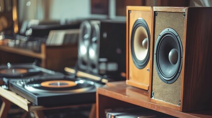 Vintage audio equipment speakers turntables and records in warm lighting