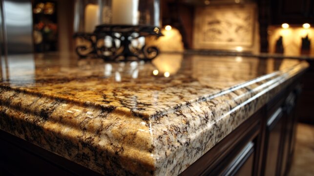 Polished speckled granite countertop edge detail in a kitchen with warm tones and a smooth finish showcasing a modern design element
