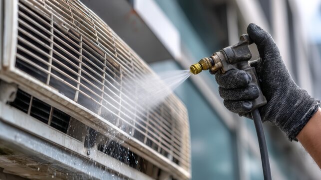 Professional cleaning of air conditioner unit grille with water spray for summer efficiency